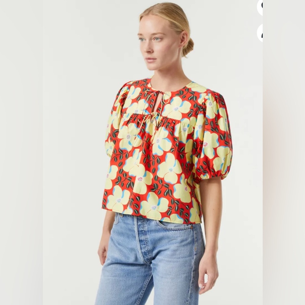 RHODE Red Floral Puff-Sleeve Blouse